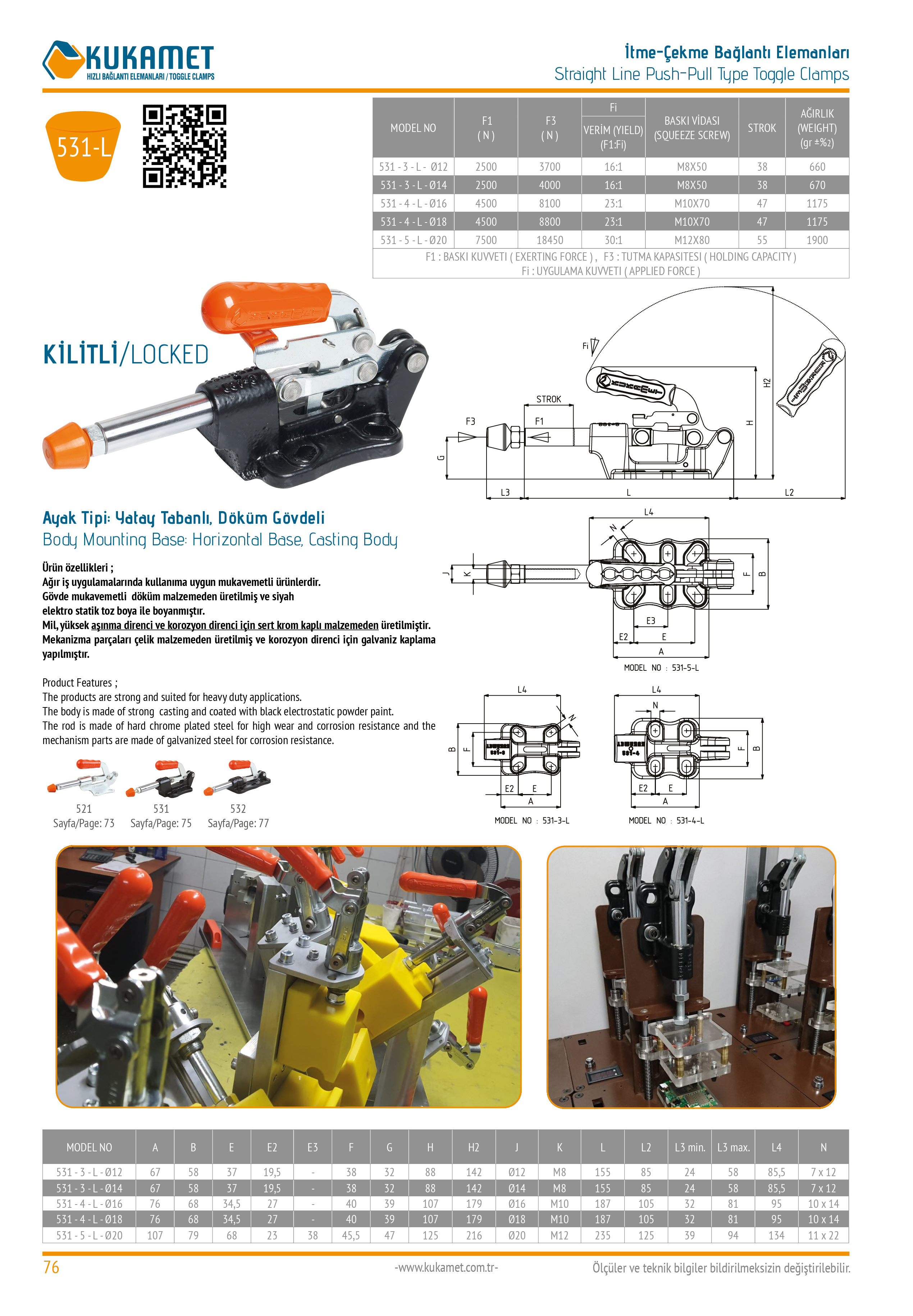 BJコマンダー T-53UM（テレガイド仕様） 531-L Kilitli Döküm Tabanlı İtme Çekme Toggle Clamp Kukamet
